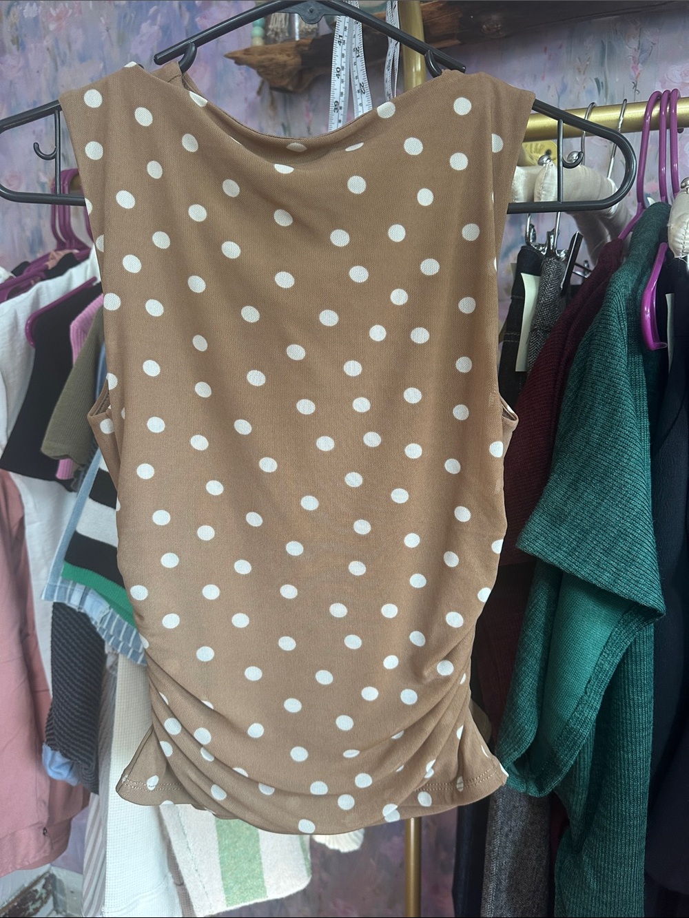 Polka Dot Sleeveless Top - Tan & White